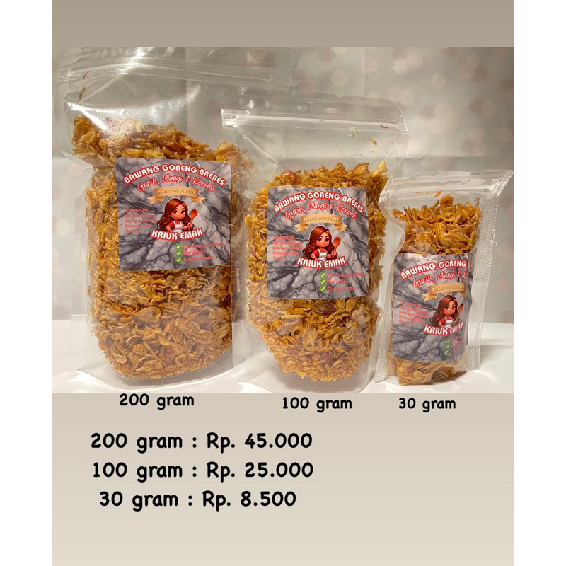 

Brambang Goreng ORI 100% (Premium Grade A+++) Kriuk Emak Premium tanpa tepung 30, 100, 200gr