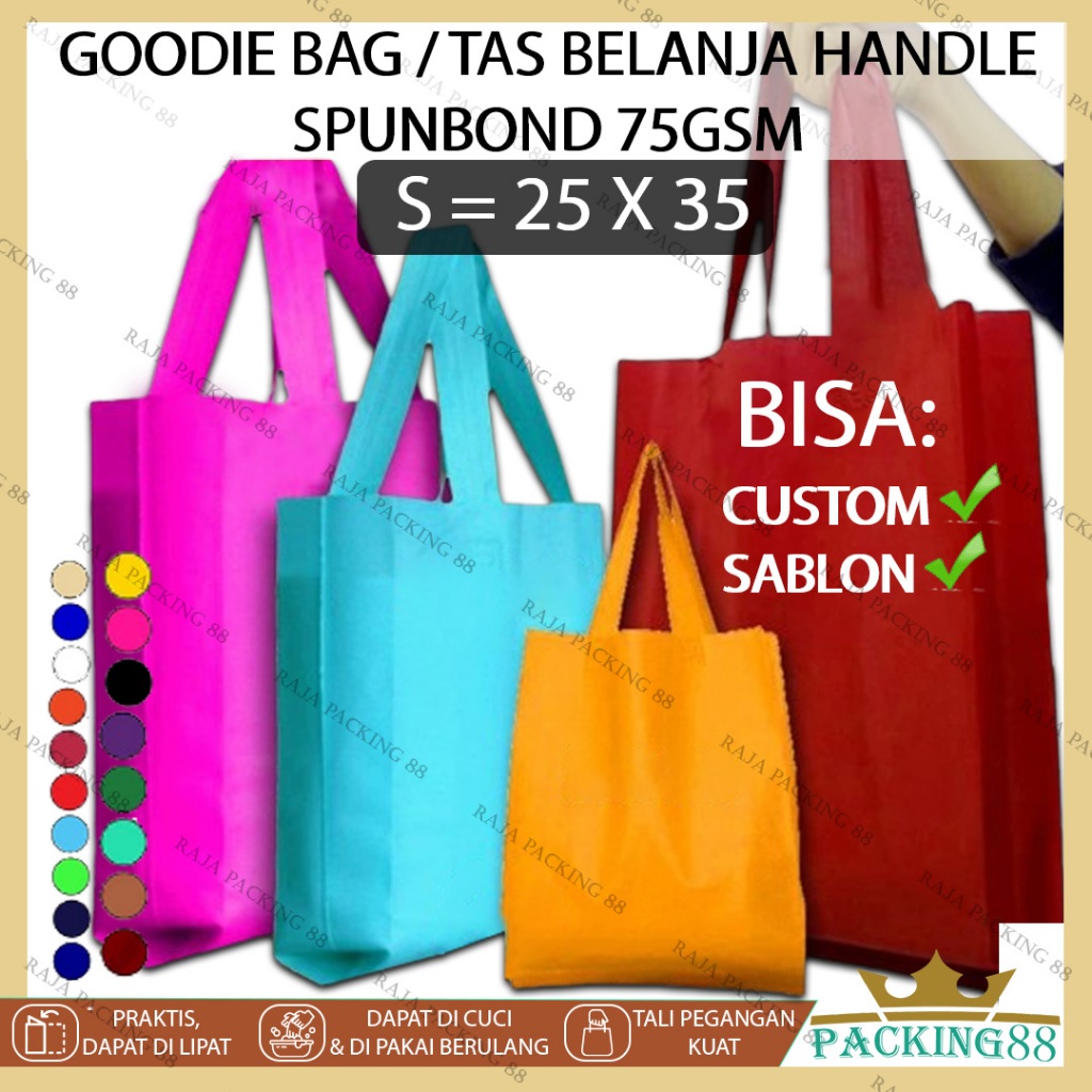 

Goodie Bag 1LUSIN 12PCS Tas Belanja Tali Handle 25X35 Polos Warna 75GSM Kantong Totebag Spunbond Tas Souvenir Berkat Hajatan Ultah Anak