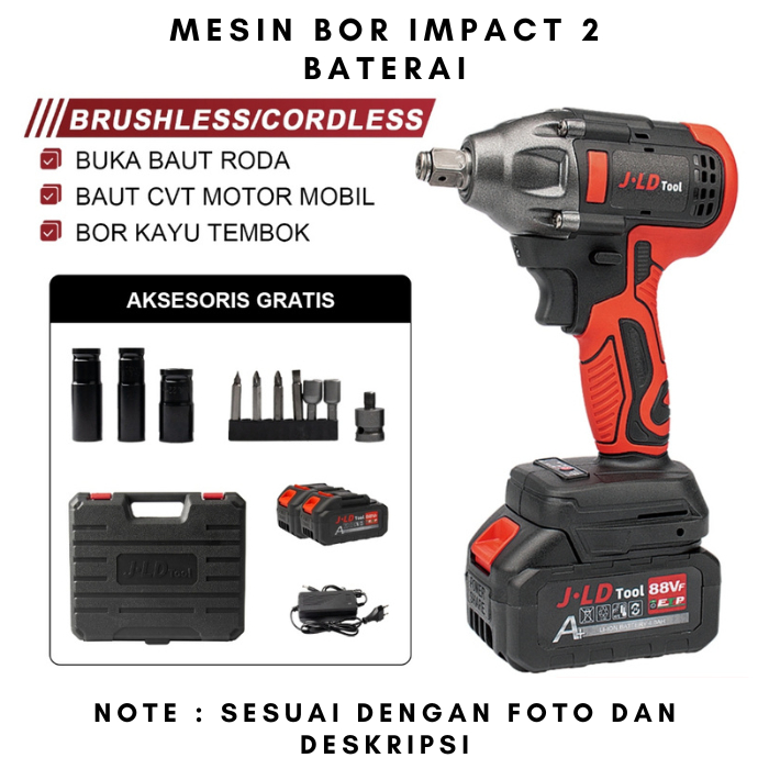 JLD Mesin Bor Baterai 88V Impact Wrench Cordless Brushless 350NM Bor Cas Bolak Balik Electric Wrench
