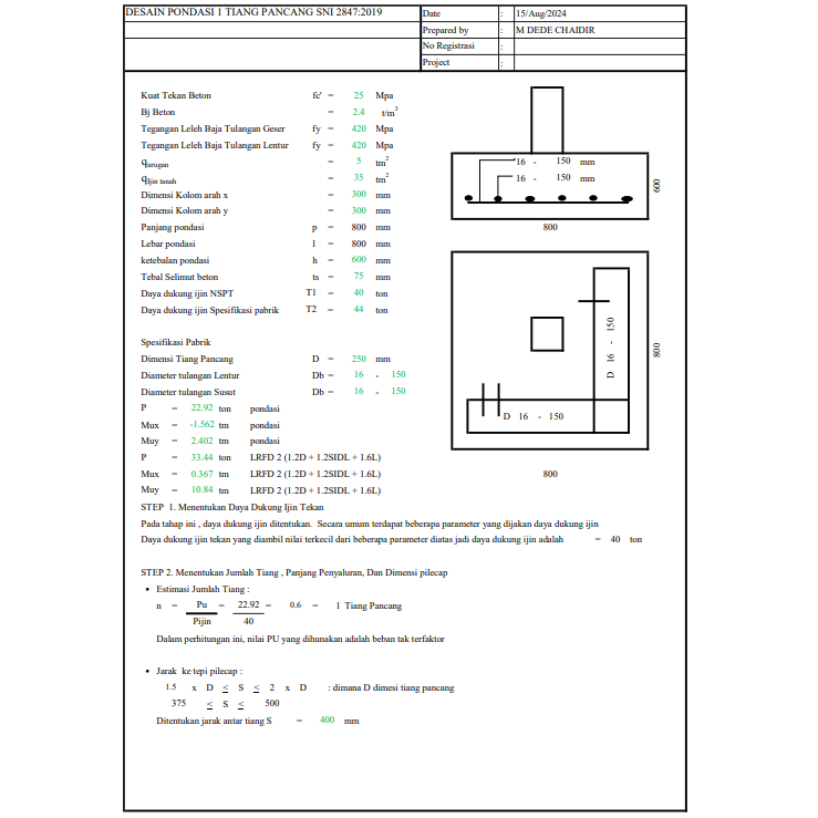 EXCEL PONDASI DALAM DESAIN KEBUTUHAN 1 TIANG PANCANG SESUAI SNI 2847:2019