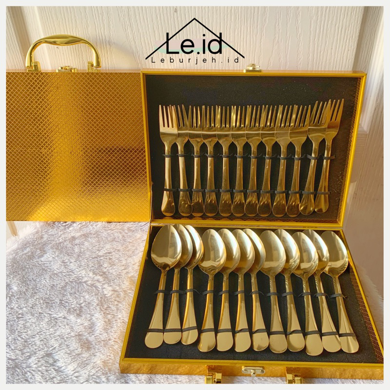 Set sendok garfu isi 24pcs box koper kokoh gold