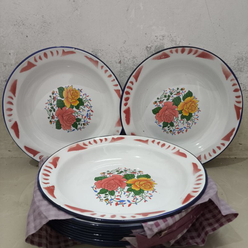 1 Lusin/12 Pcs Piring Seng Enamel Motif Bunga 20 cm/22 cm Piring Jadul Piring Makan Cantik Anti Peca