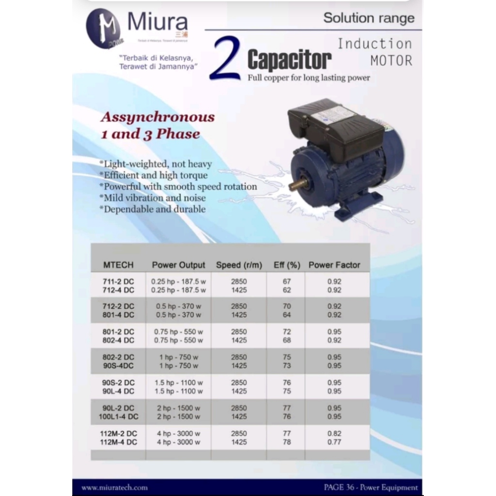 Dinamo Elektro Motor 1Hp 1Phase Rpm 1400 merk MIURA MTECH 90S-4 DC