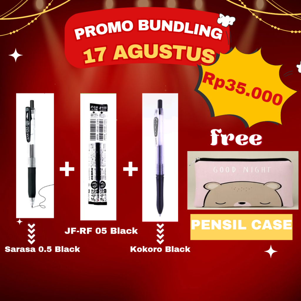 

Paket Hemat Pulpen Kokoro + Sarasa Black 05mm + Refill FREE TEMPAT PENSIL