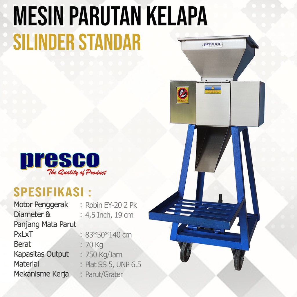 Presco Mesin Parut Kelapa Ubi Jahe Kunyit Lengkuas Silinder 19 cm Kapasitas 750 kg/jam Pengerak Bens