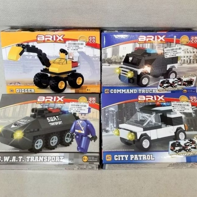 mainan anak edukasi melatih motorik tangan menyusun block balok brix mobilan polisi pesawat swat hel