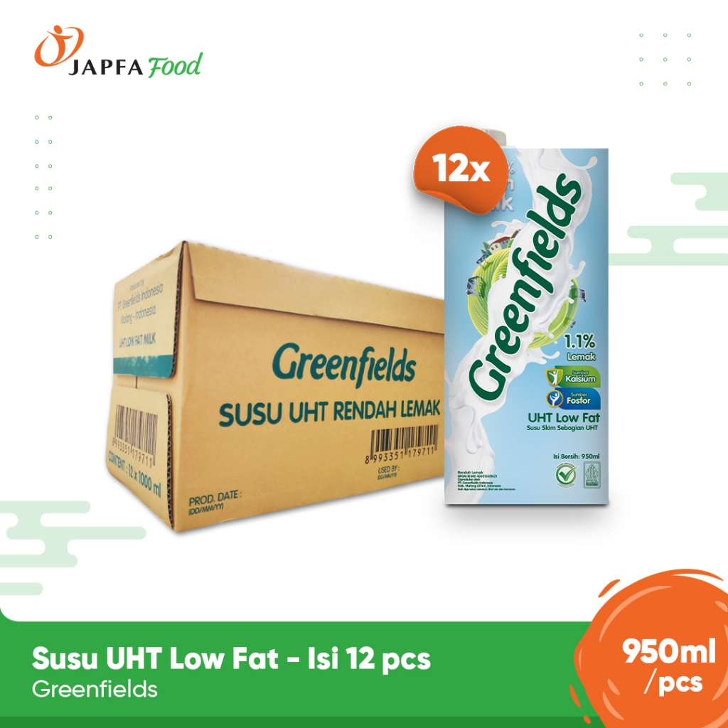 

Greenfields Susu UHT Low Fat / Rendah Lemak 950ml - Paket isi 12 - 100% Fresh Milk dari Greenfields Farm