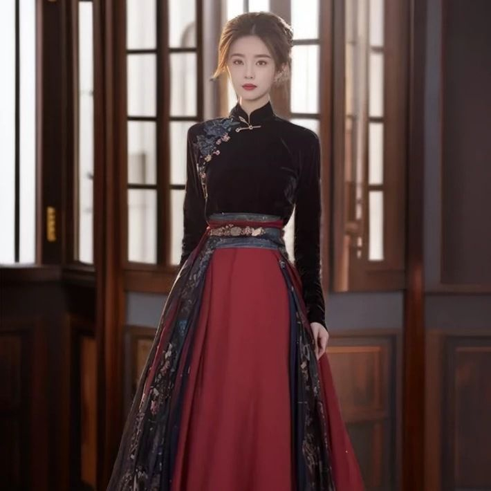 Setelan Rok Wajah Kuda Merah Wanita, Hanfu Ditingkatkan Baru