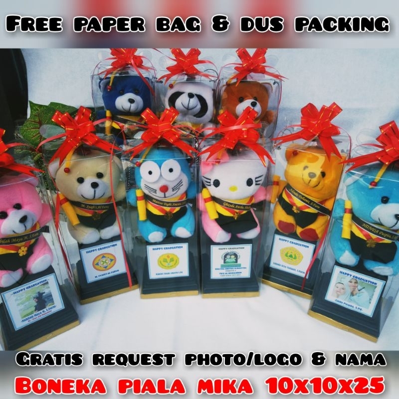 BONEKA PIALA WISUDA MIKA KOTAK 10X20X25. THROPY WISUDA,  SOUVENIR GRADUATION,  BONEKA TEDDY BEAR