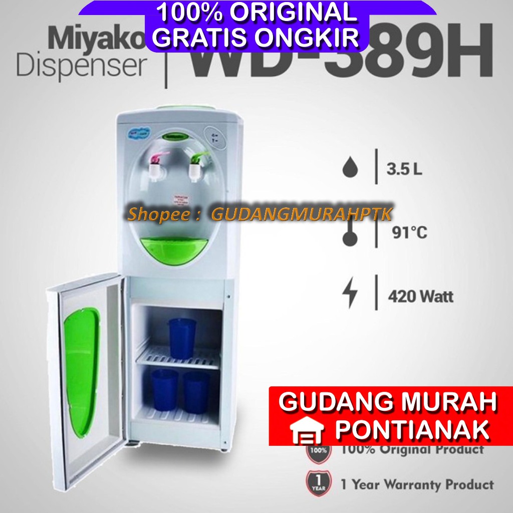 Dispenser Miyako DINGIN ES dan PANAS + Rak Lemari Di bawah Galon Atas HOT COOL WDP 389 H 389H
