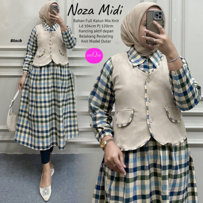 RR Daily Casual Midi Dress Katun Motif Garis-garis Salur Stripe Kotak-kotak Lengan Panjang Wanita