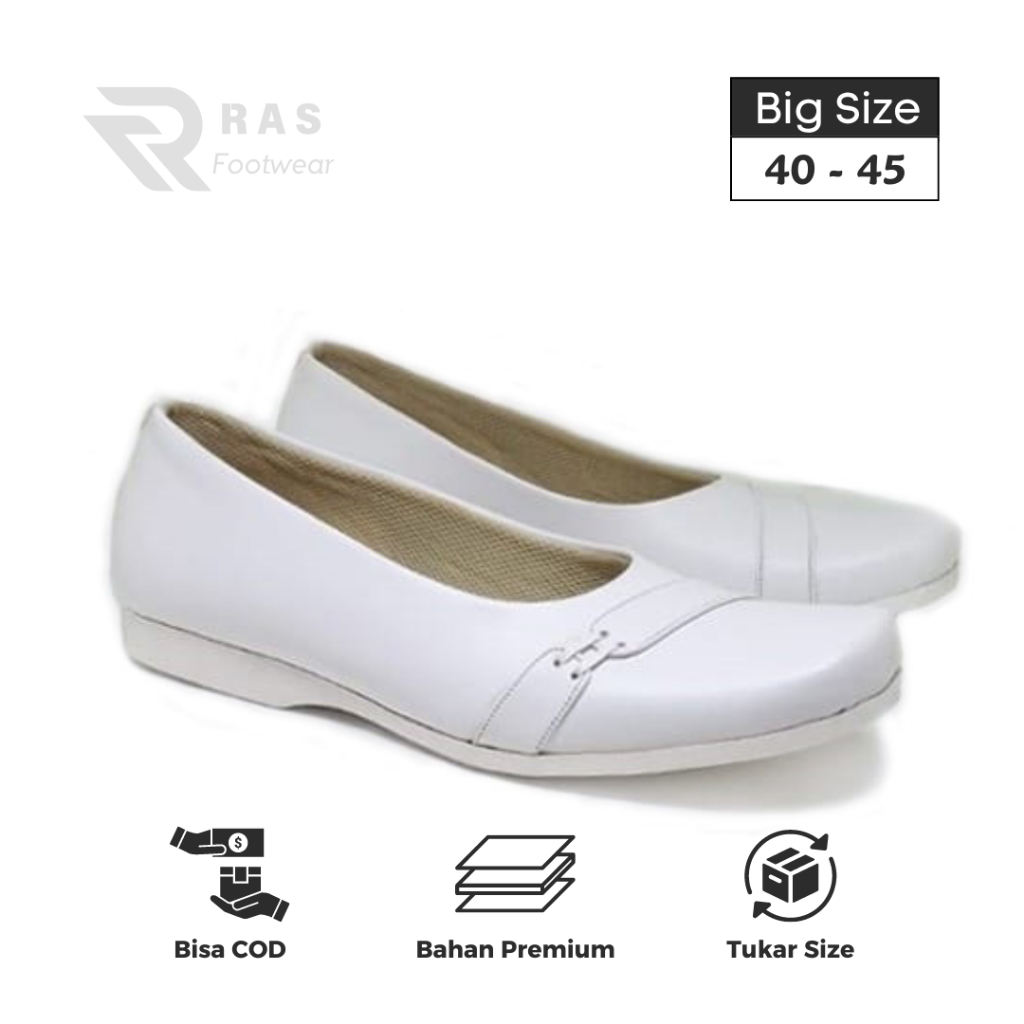 RAS Kiera White - Sepatu Flat Wanita Ukuran Jumbo Besar 40-45 | Sepatu Ballerina