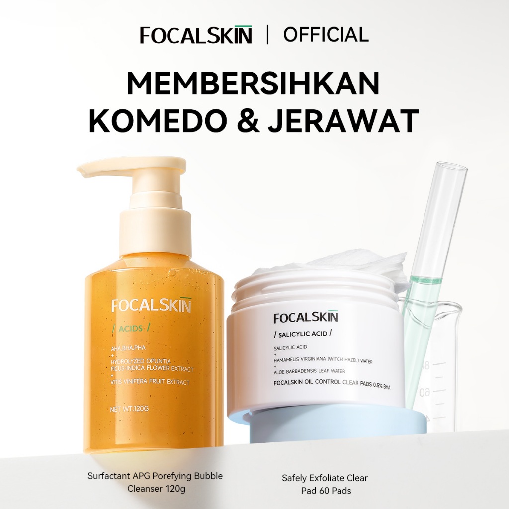 FOCALSKIN 2Pcs Paket Safely Exfoliate Clear pad + Porefying Bubble Cleanser  / Salicilyc Acid Eksfol