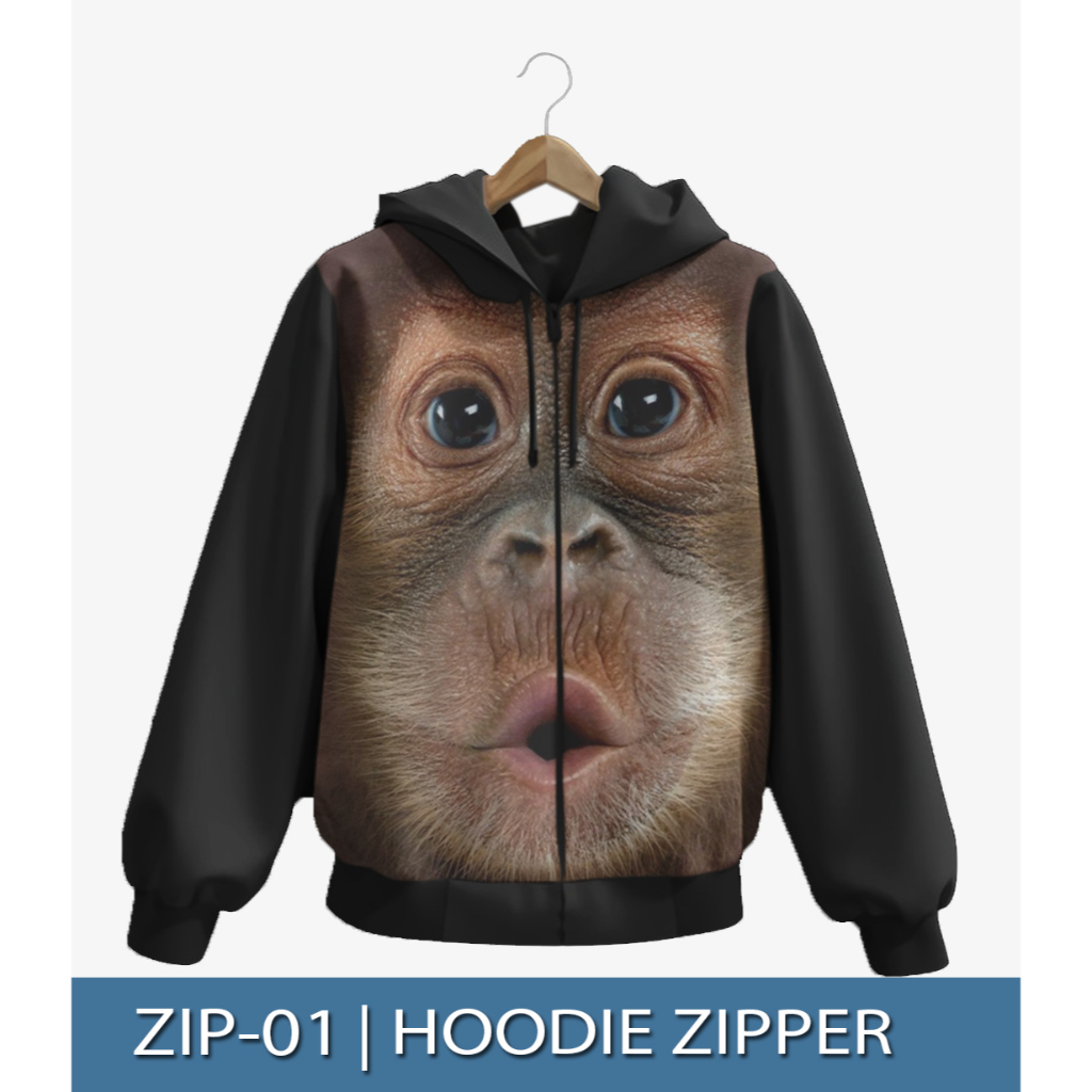 Jaket Hoodie Zipper Monkey Face Sweater Monyet Lucu Anak dan Pria Printing #ZIP-01