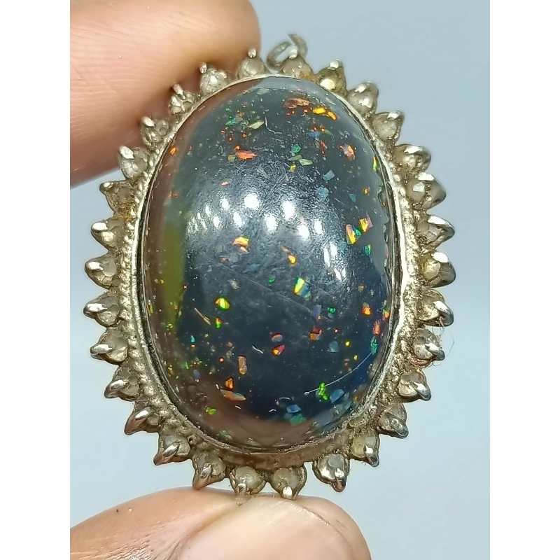 Liontin Bandul Kalimaya Black Oval Boulder , Ful Jarong , Jumbo , Ring Perak