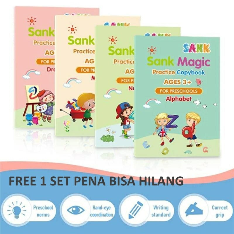 

Set Buku Latihan Belajar Menulis PAUD Preschool TK Huruf Angka Sank Magic Book / Magic Practice Book 1 set isi 4 buku + pen + refill