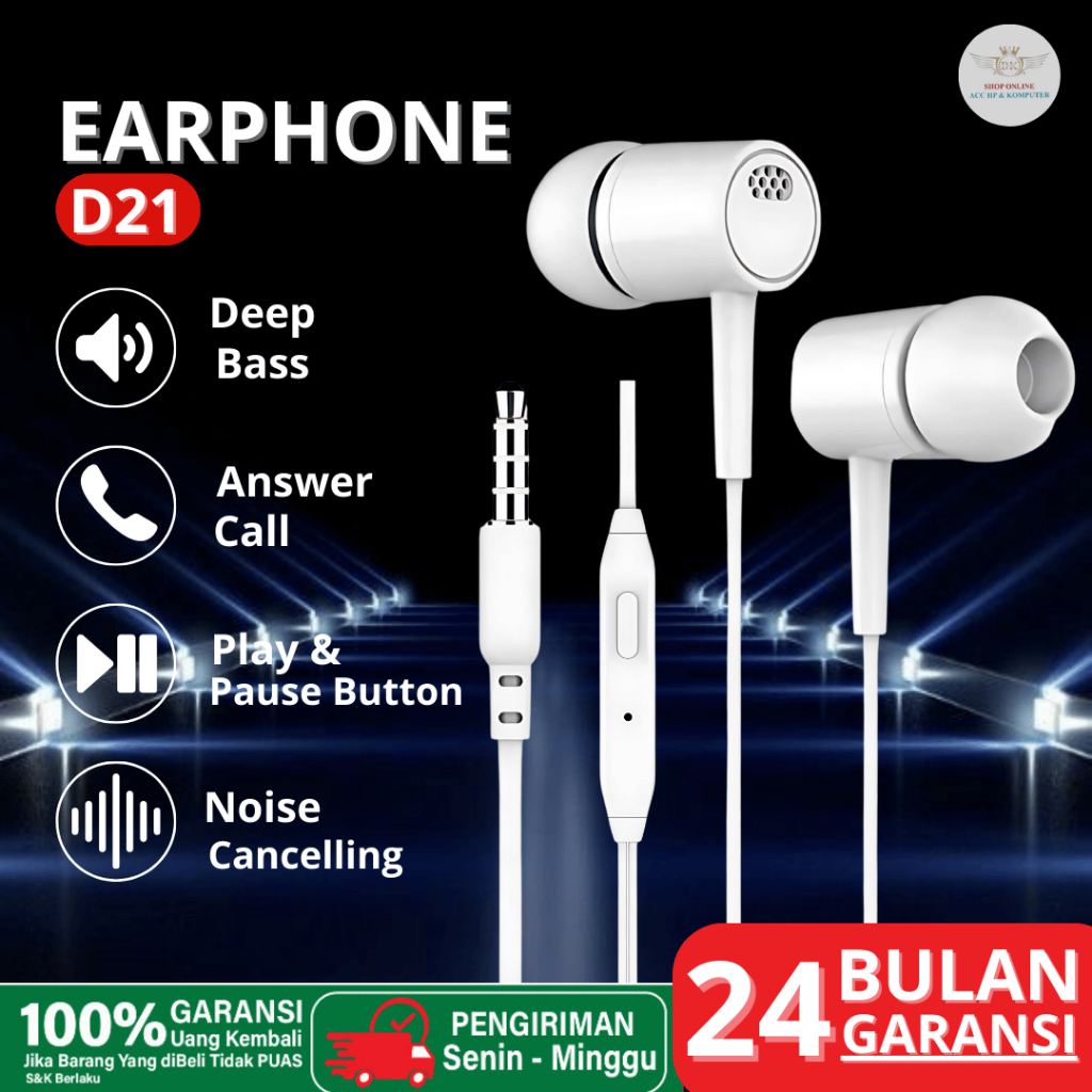 Headset D21 stereo XTRA BASS music telfon gaming daily earphone with microphone original