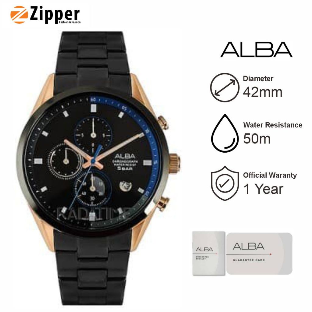 Jam Tangan Pria ALBA AM3588 Chronograph Strap Rantai Black Gold Original Garansi Resmi