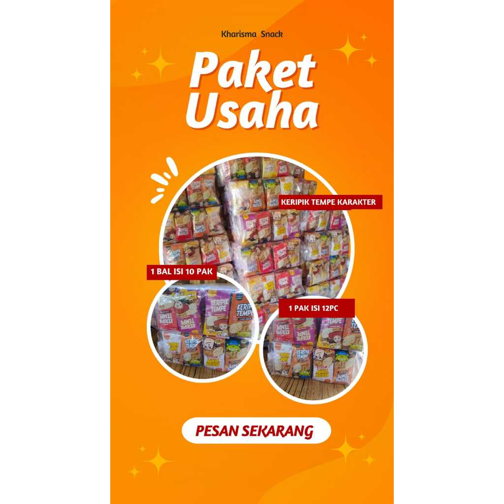 

Keripik tempe karakter paket usaha, isi 10pak x 12pc, jajanan, keripik makanan ringan