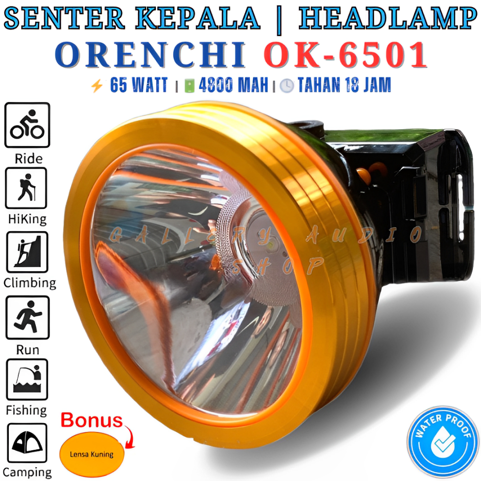 Senter Kepala ORENCHI OK-6501 65 Watt | Headlamp Super Terang Waterproof Baterai 4800 mAh Tahan Hing