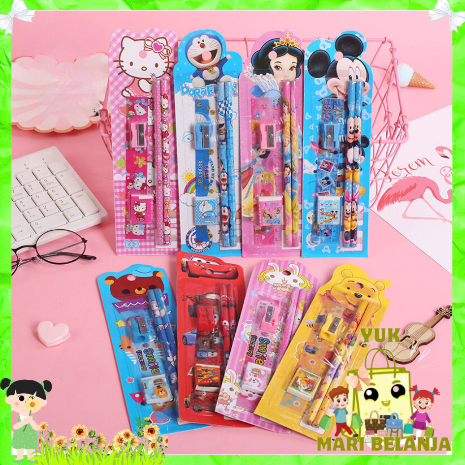 

YMB Stationery Set 5 in 1 Alat Tulis Anak Sekolah Penghapus penggaris Pensil Serutan Karakter Lucu