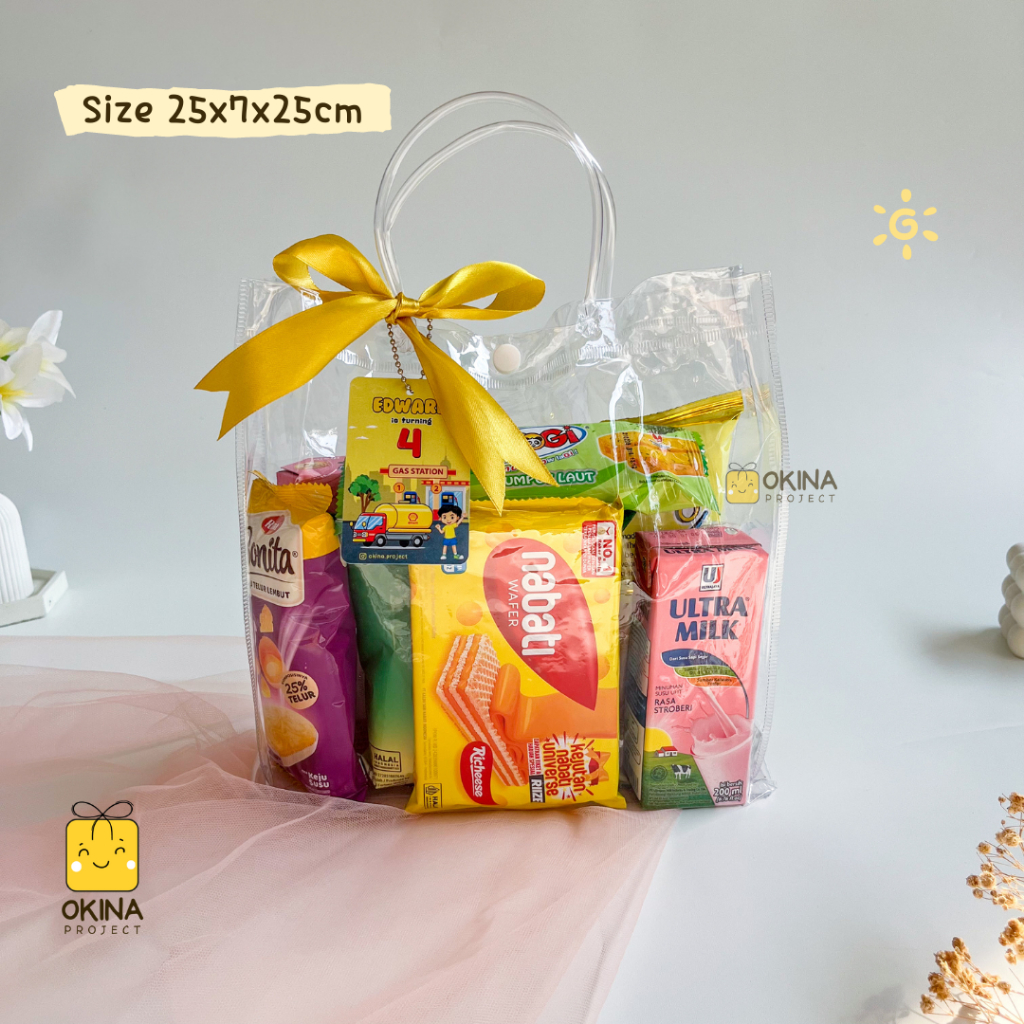 

[PREMIUM - 25x7x25] OKINA Tas Mika Transparan | Tas PVC Bening | Tas Hampers Polos | Goodiebag Hampers | Gift Bag | Souvenir Ulang Tahun