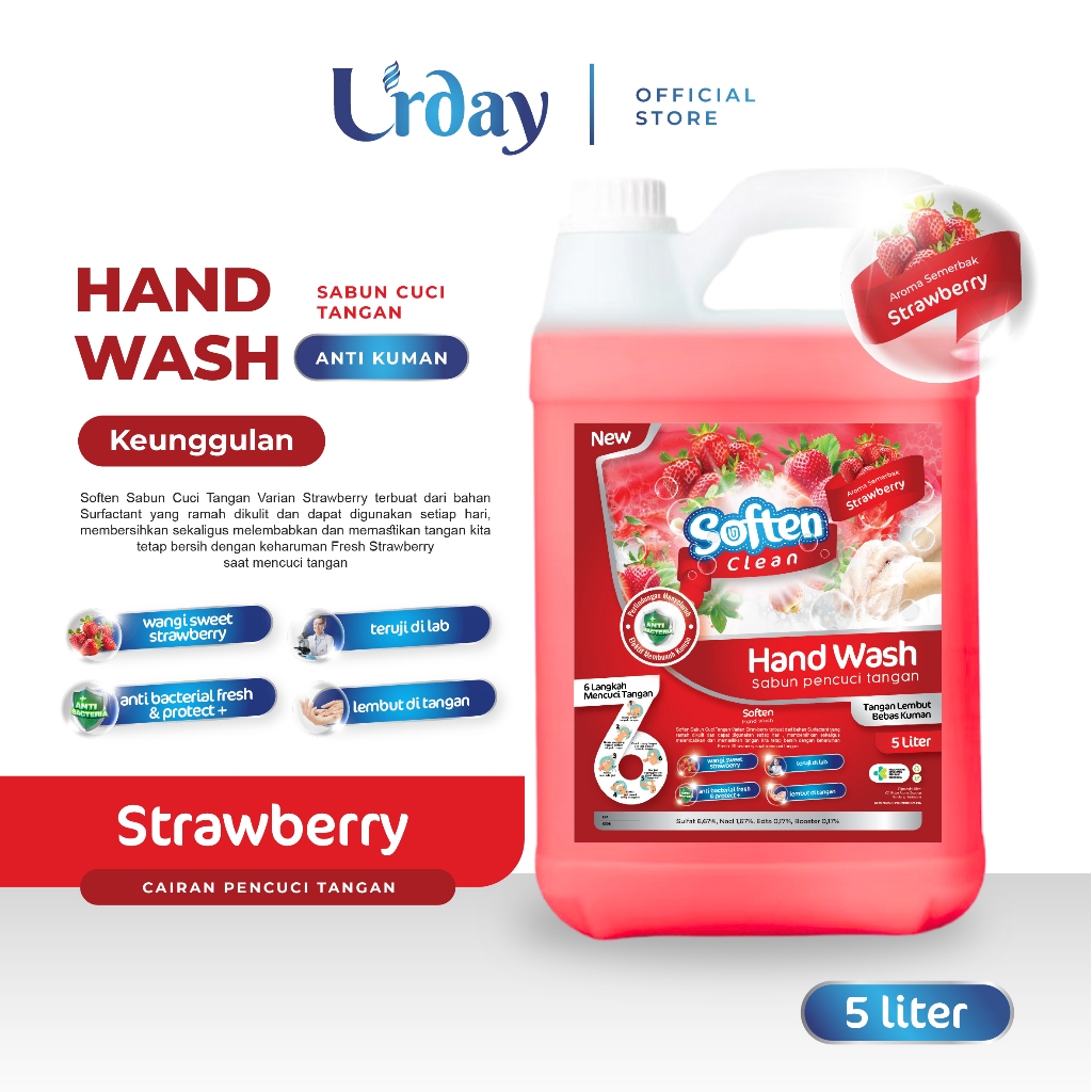 Sabun Cuci Tangan Strawberry Antiseptik Antibacterial Hand Soap 5L - SOFTEN CLEAN Hand Wash 5 Liter