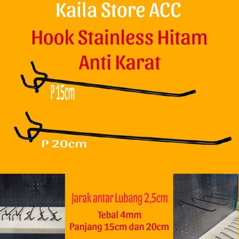 Hook Stainless / Hook Stainless Hitam Anti Karat  P 15cm dan 20cm , jarak antar lubang 2,5 cm , teba