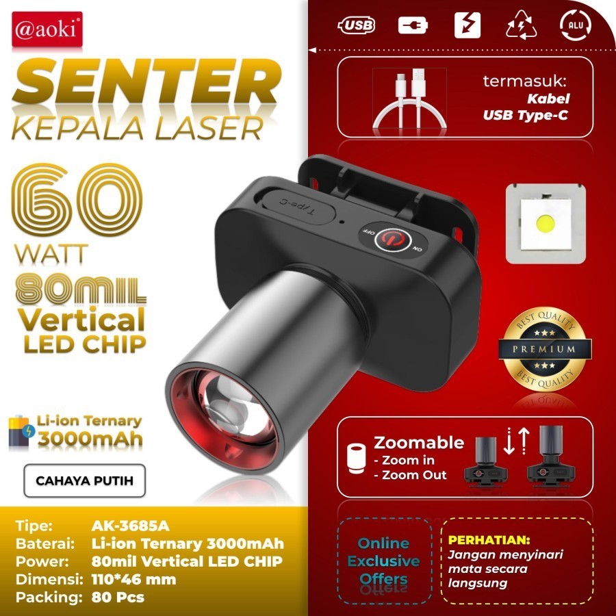 SENTER KEPALA AOKI LED ZOOM AK-3685A & AK-3686K 60W / AOKI HEADLAMP AOKI AK-3685A & AK-3686K 60 Watt