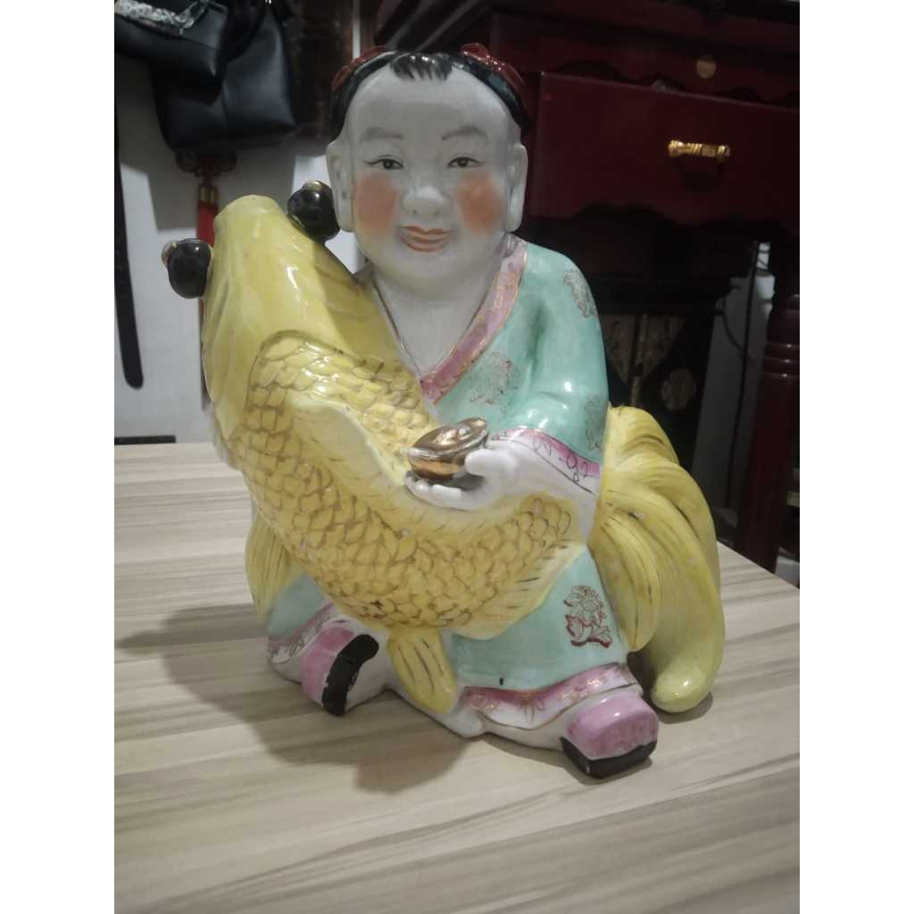 Patung Anak Chinese Ikan Koi Keramik Kuno Jadul Antik