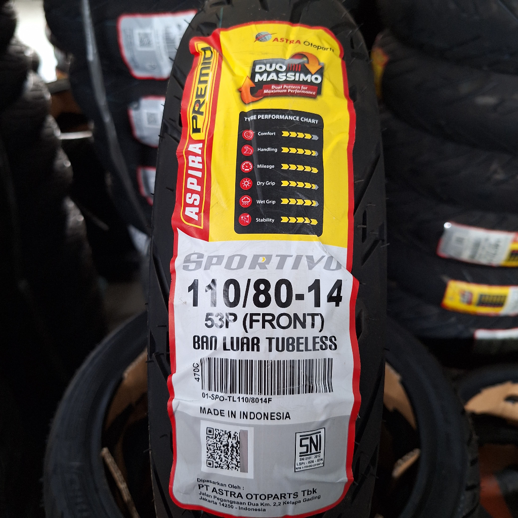 Ban Depan Aspira Premio Sportivo 110/80-14 ring 14 Tubeless untuk PCX, Adv, Aerox