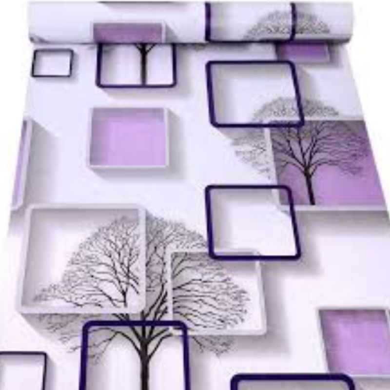 Wallpaper Stiker Dinding Motif Kotak Pohon Ungu Minimalis