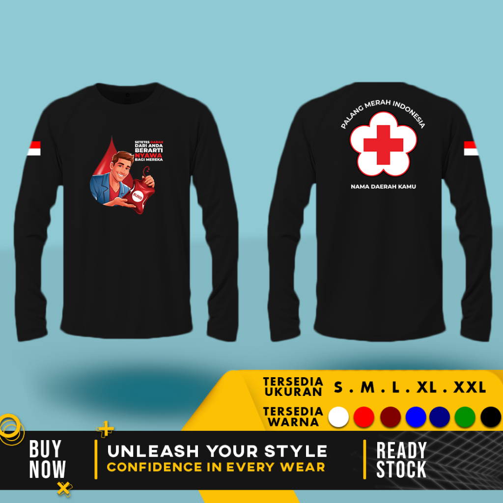 Kaos Baju PMI Palang Merah INDONESIA Donor Darah LENGAN PANJANG | Cotton Combed 30s