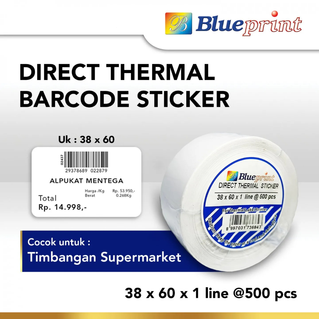 

Direct Thermal Sticker / Label Stiker untuk label resi atau label timbangan supermarket BLUEPRINT 38x60x1 Line Isi 500