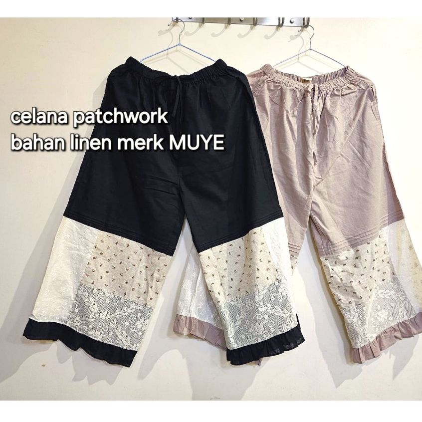 Celana panjang BKK oversize motif patchwork bahan linen merk MUYE