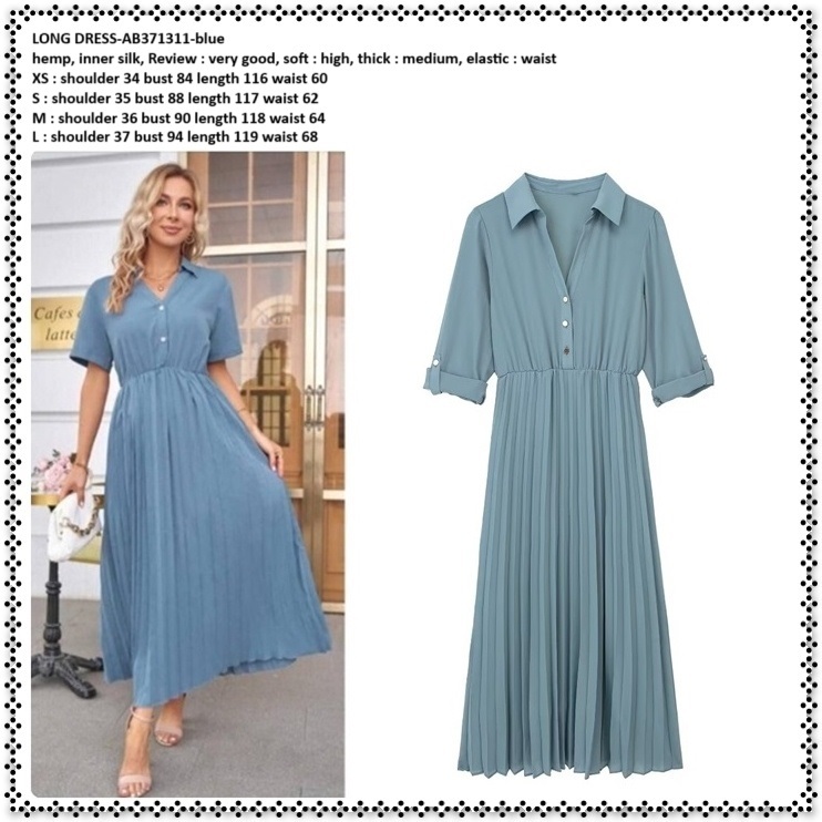 AB371311 Long Dress Midi Kemeja Lengan Pendek Pesta Lipit Plisket Wanita Korea Import Biru Blue