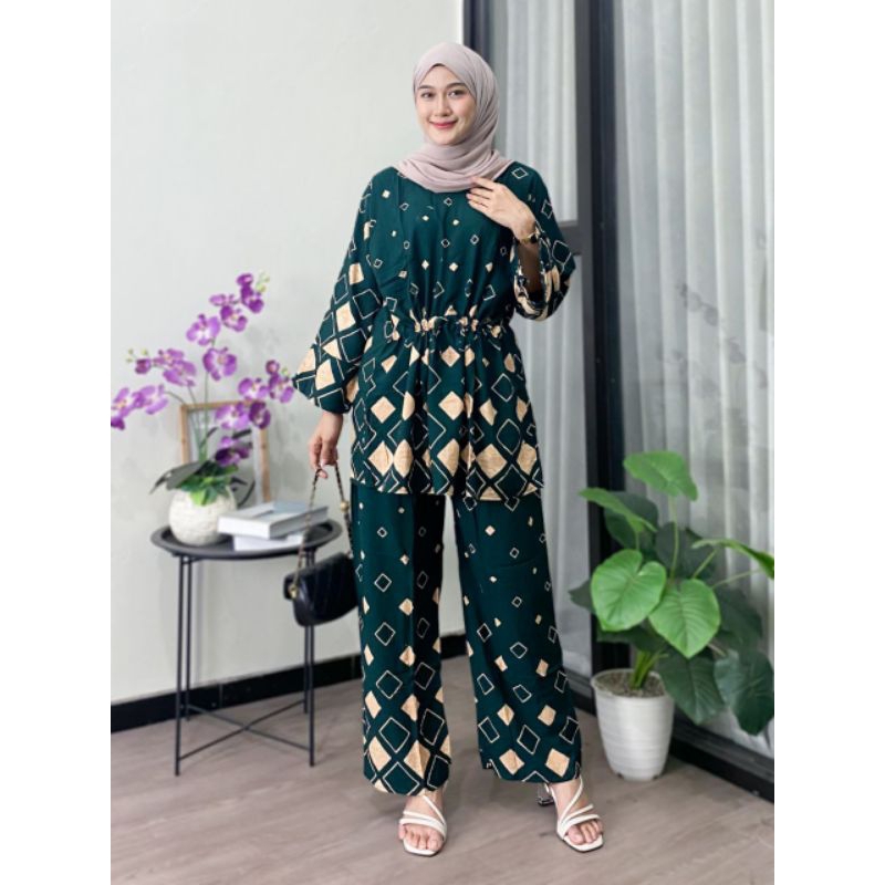 SETELAN TUNIK LENGAN PANJANG MOTIF KOTAK JUMBO RAYON PREMIUM BUSUI TALI SERUT BATIK HIJAU