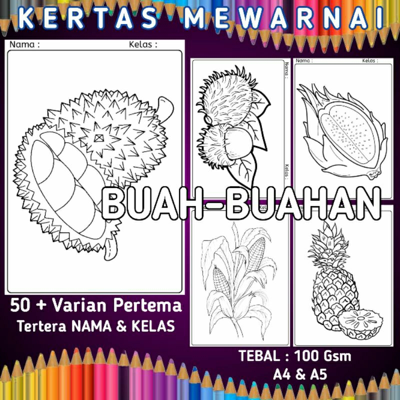 kertas Mewarnai Sketsa Untuk Anak TK /PAUD /SD (50 lembar) Ukura A5 Tebal kertas 100 Gsm Berbagai Te