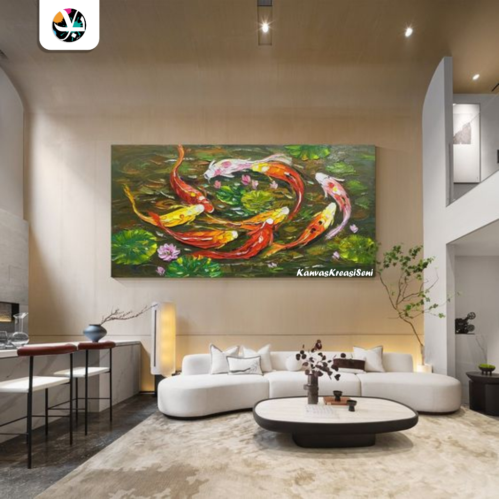 Lukisan tangan ikan koi abstrak timbul - lukisan ikan koi 9 ekor expresif plus frame