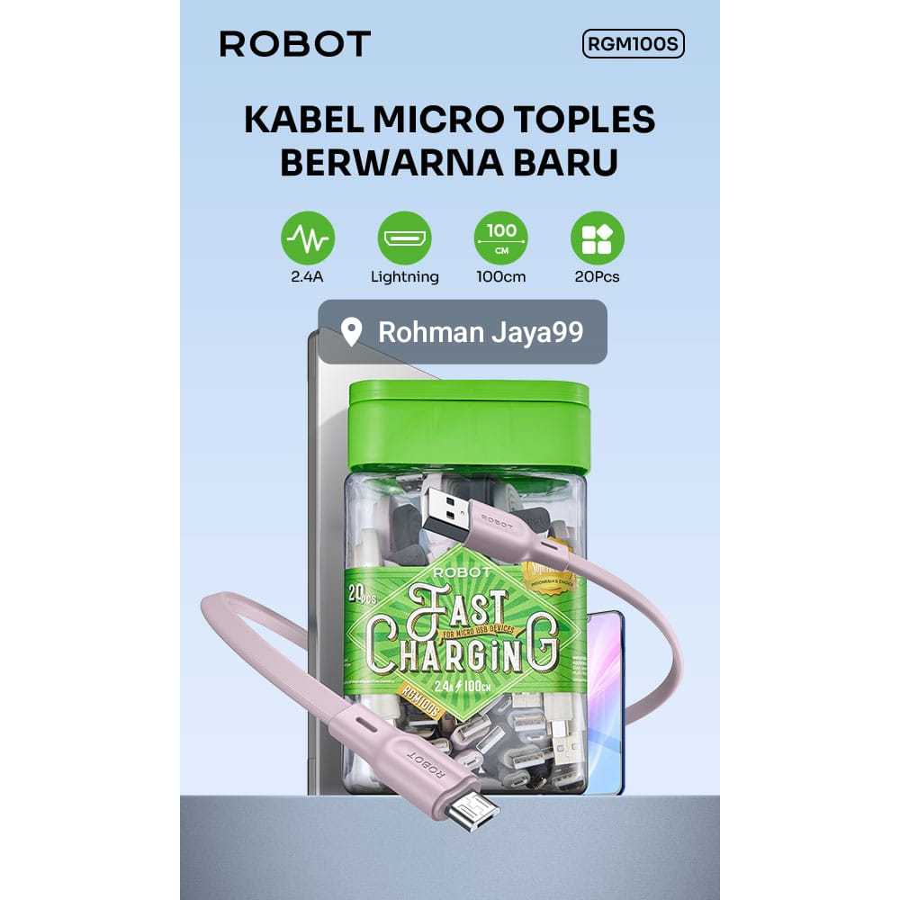 1 TOPLES ISI 20 PCS KABEL DATA ORI ROBOT RGM100S MICRO USB FASTCHARGING BERGARANSI RESMI TER MURAH K