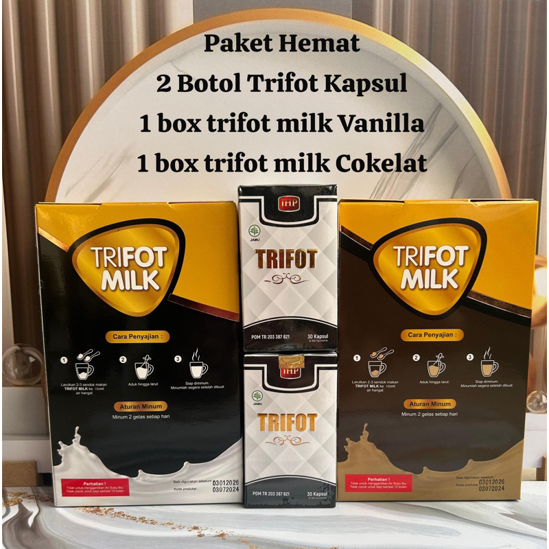 

Paket hemat 2 botol trifot kapsul dan 2 box trifot milk rasa Vanilla dan coklat susu penggemuk badan sudah bpom ampuh menambah berat badan