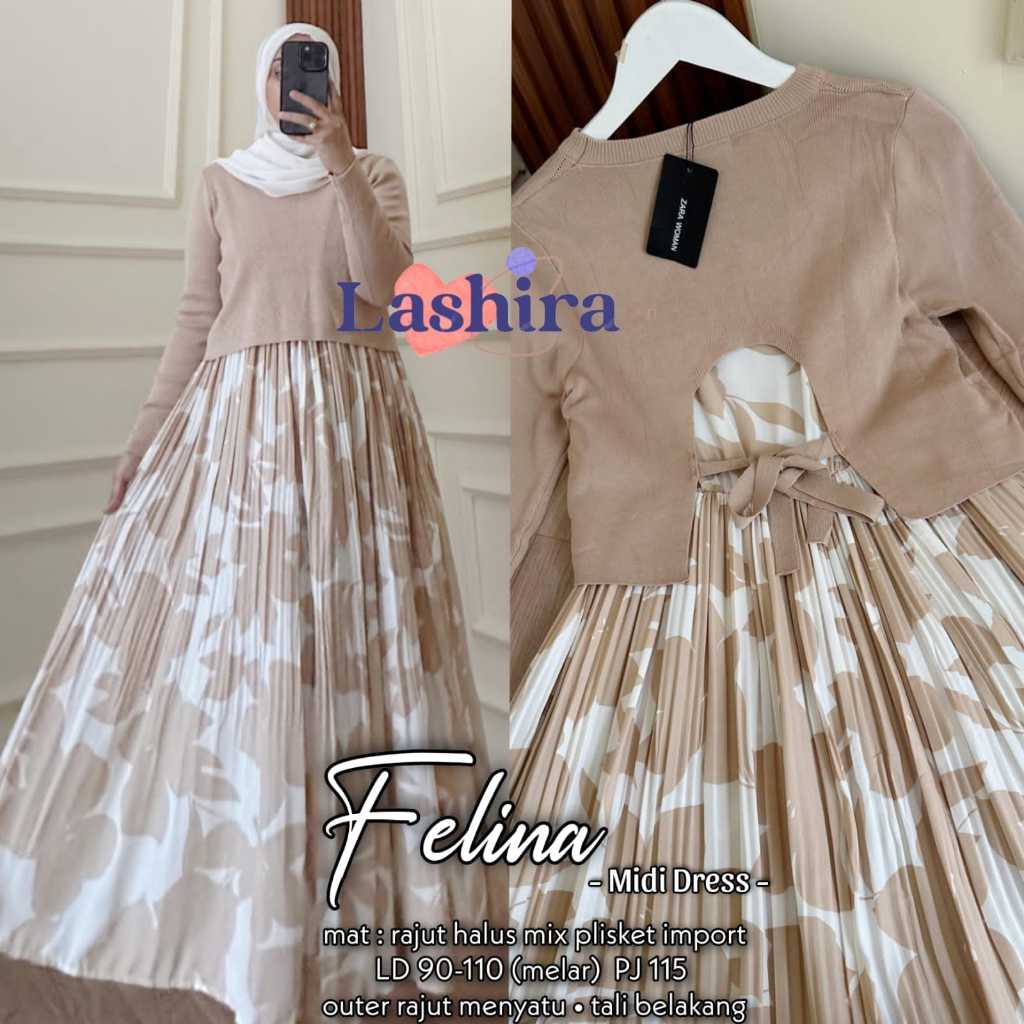 Felina midi dres wanita ld 110 rajut import mix plisket motif polos bunga jumbo premium terbaru 2024