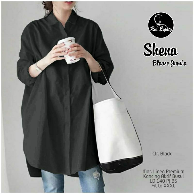 Shena Hitam Ld 140 Kemeja Oversize / JUMBO casual Blouse Polos by Riaeighty