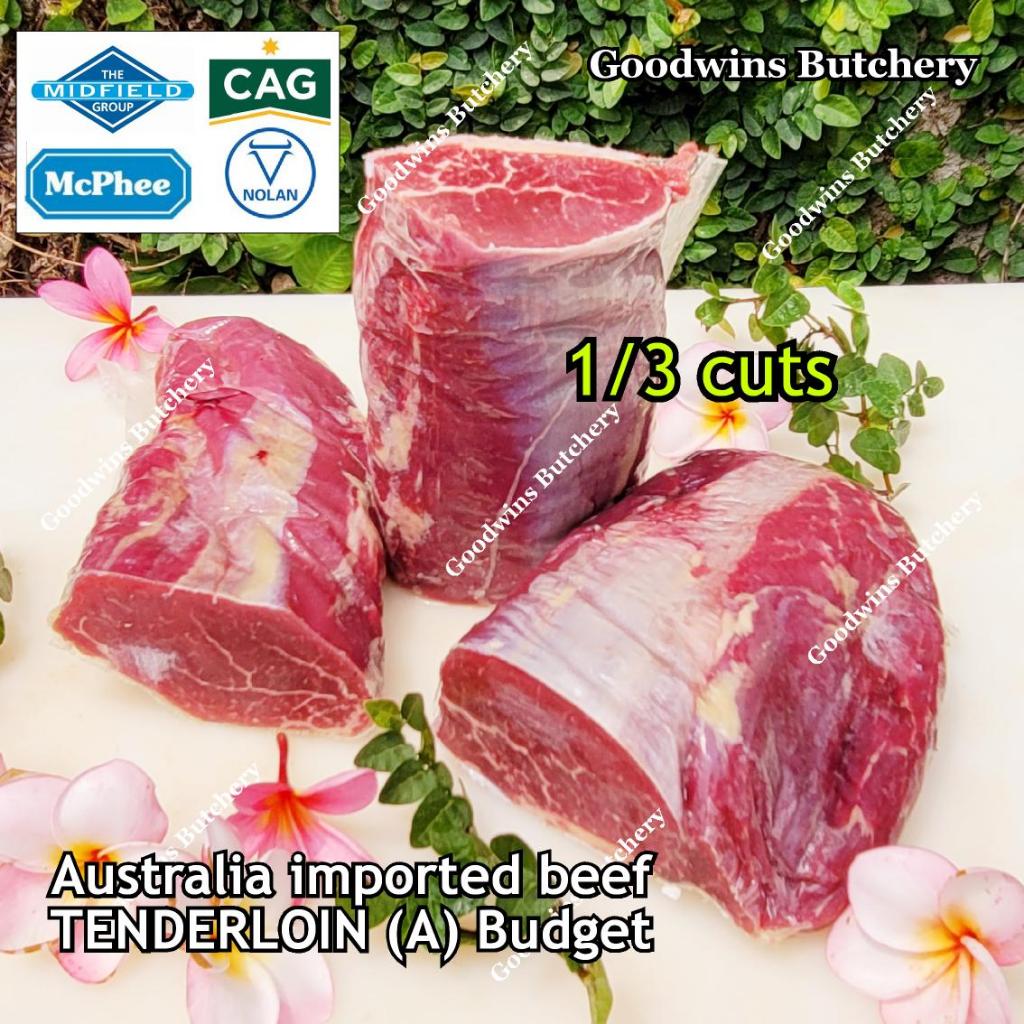 

1kg roast wellington cuts beef Tenderloin Australia NZ Brazil (A) BUDGET frozen brand Midfield McPhee CAG Nolan AAFCO Friboi (eye fillet mignon daging sapi has dalam)