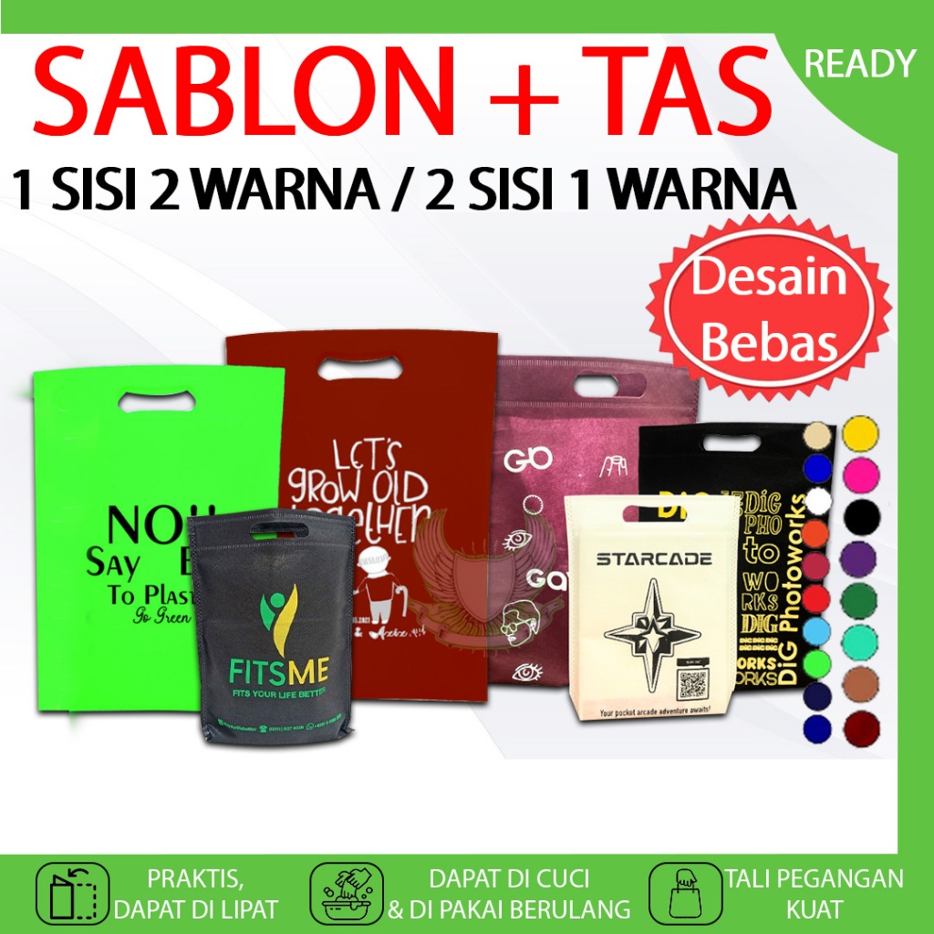 

CUSTOM SABLON PLUS TAS Goodie Bag 1 SISI 2 WARNA / 2 SISI 1 WARNA OVAL Tas Belanja Lipat Kantong Spunbond Hampers Souvenir
