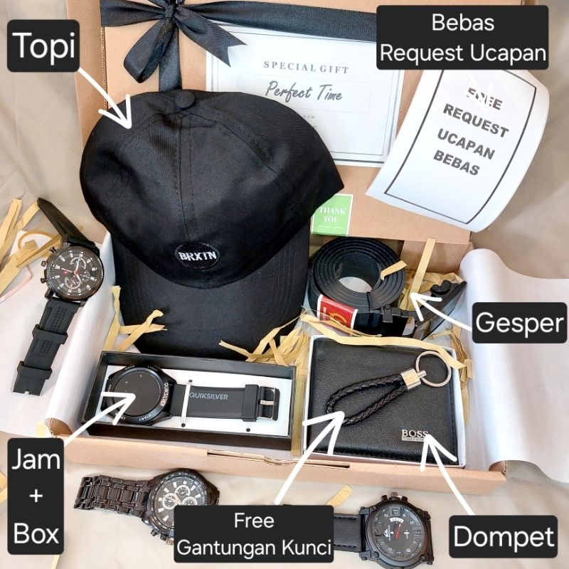 Hampers Gift box Cowok/Pria Exclusive Untuk Hadiah/Kado isi Jam Tangan | Dompet | Parfum