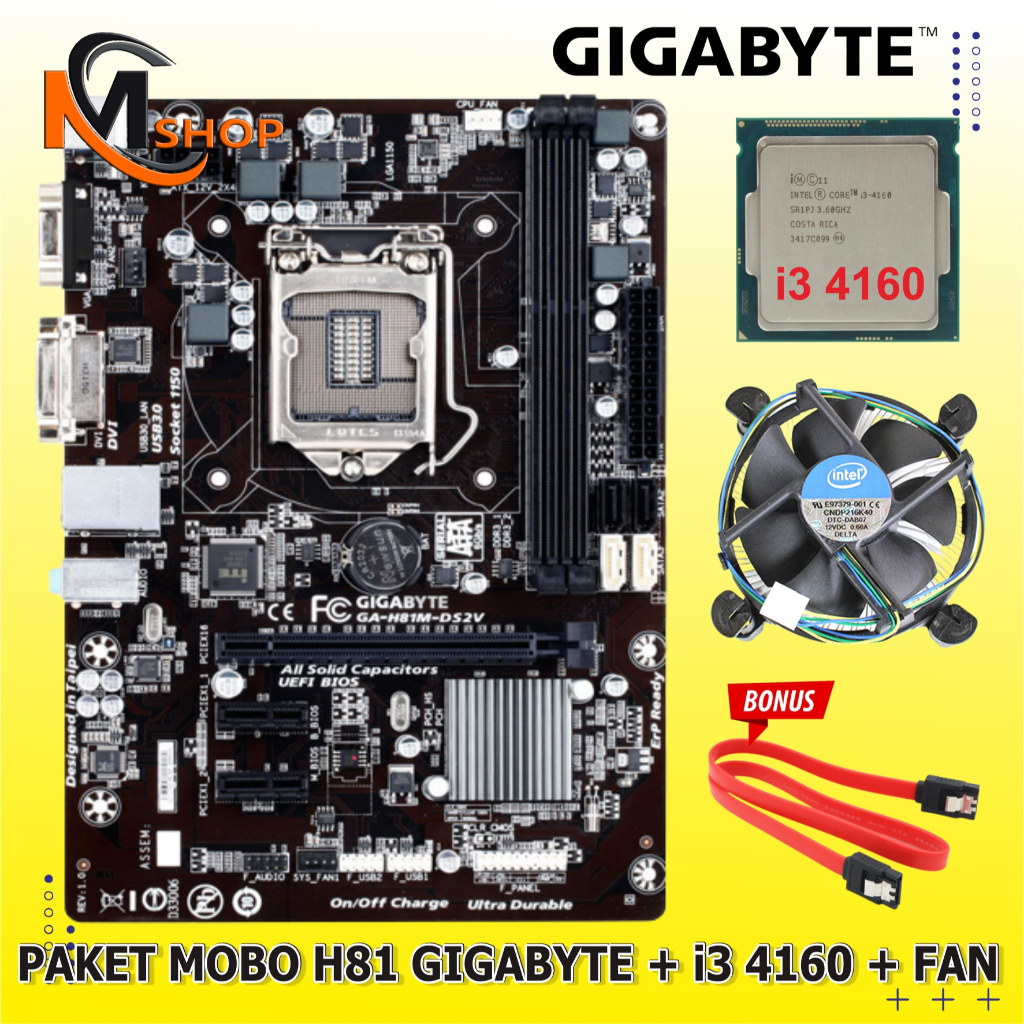 Paket Mainboard Mobo Intel H81 LGA 1150 DDR3 + Processor Core i3 4160 + Fan