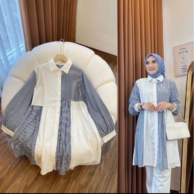 Tunik salur kombinasi bahan katun rayon premium