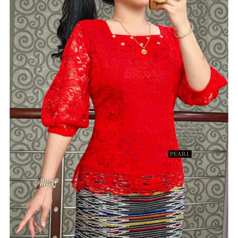Blus kebaya brokat model tangan balon terbaru,blus brokat model tangan balon premium,Atasan brokat w
