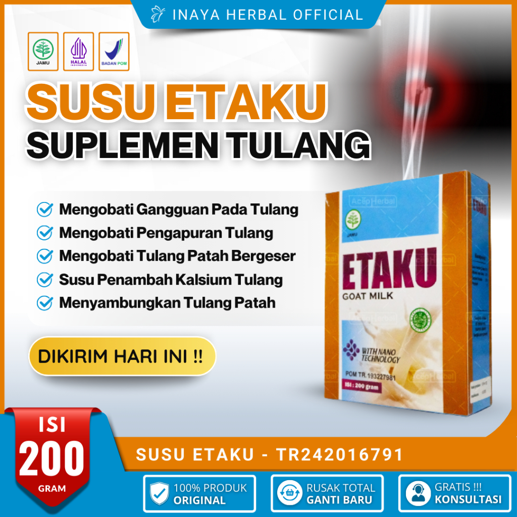 

Susu Etaku Suplemen Tulang Sembuhkan Patah Tulang, Susu Penambah Kalsium dan Nutrisi Tulang Keropos Osteoporosis, Atasi Tulang Retak, Tulang Cedera, Tulang belakang Sakit - Untuk Anak, Dewasa, Ibu Hamil Dan Menyusui - BPOM Dan Halal MUI